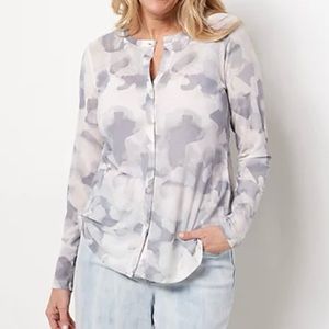 LOGO Layers by L Goldstein  Watercolor Printed Mesh Button Cardigan Pearl Small